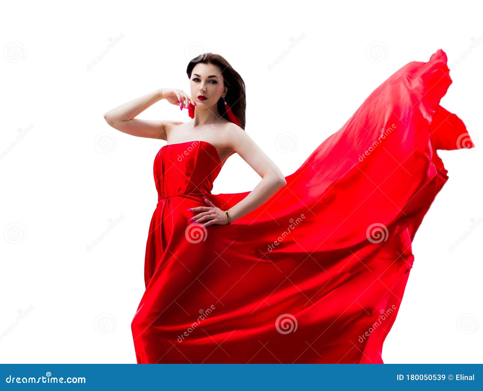 Gorgeous Woman in Red Fluttered Dress. Isolated on White Background ...