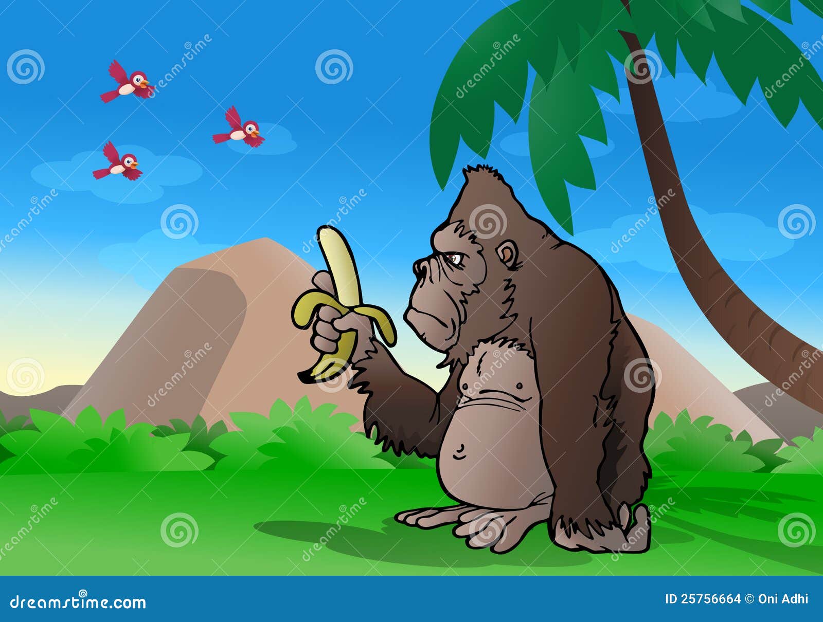 Gorilla, Banane beobachtend. Abbildung eines Karikatur Silber-zurück Gorillas beobachten Banane und essfertige es auf Naturhintergrund