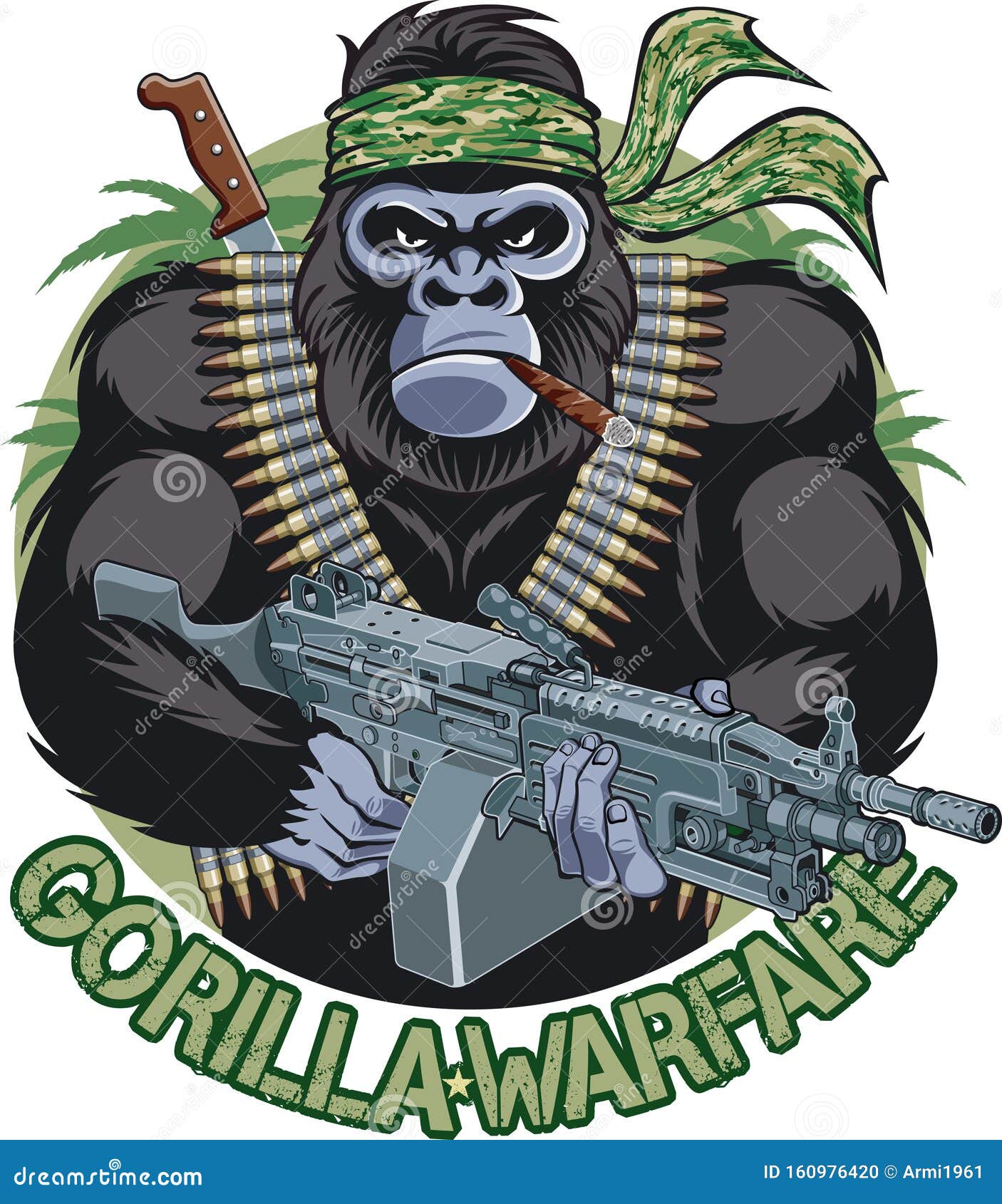 gorilla with bandana, cigar, holding machine gun and  text gorilla warfare