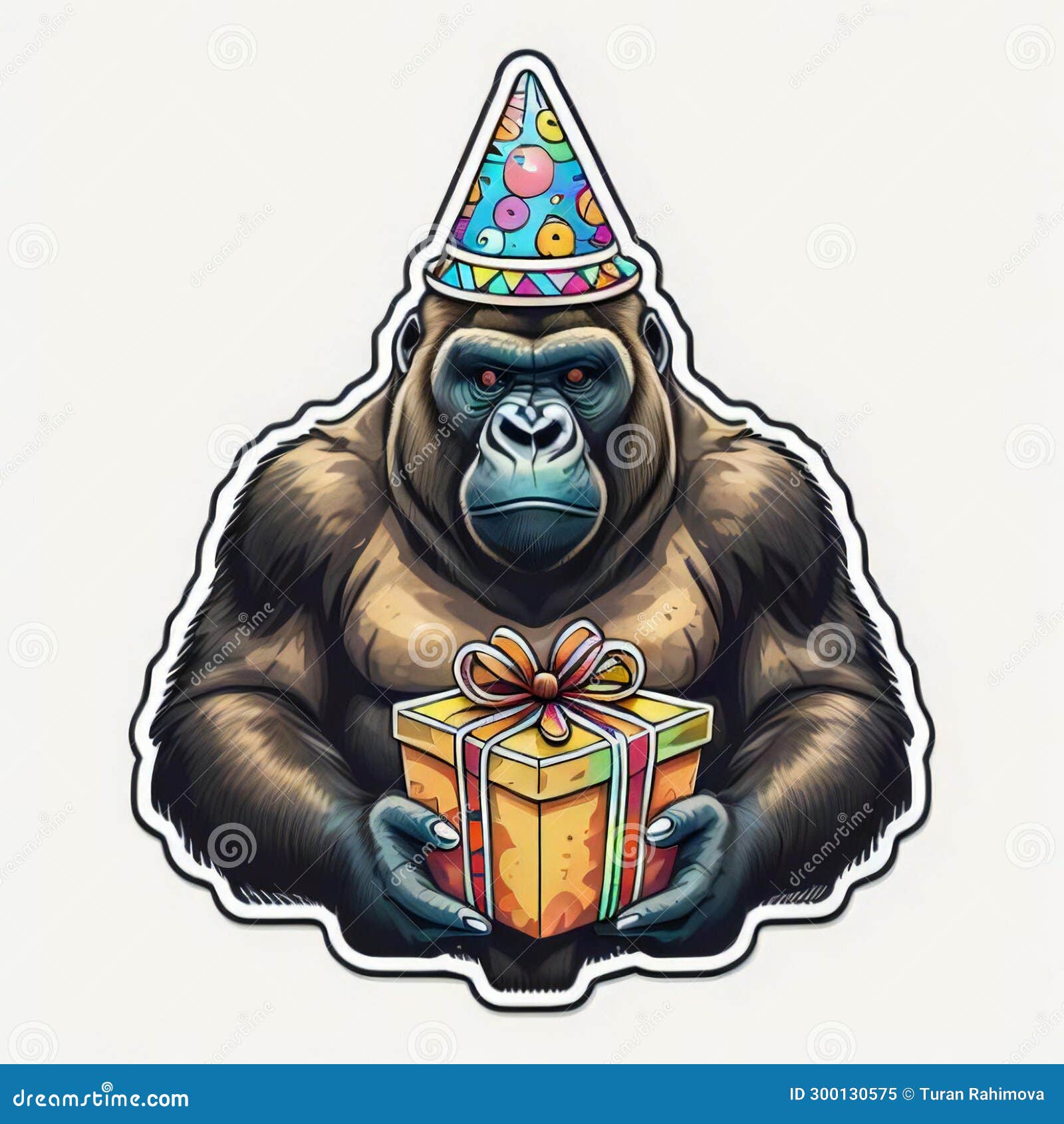 Gorilla with Birthday Hat and Gift Box. Vector Illustration Stock