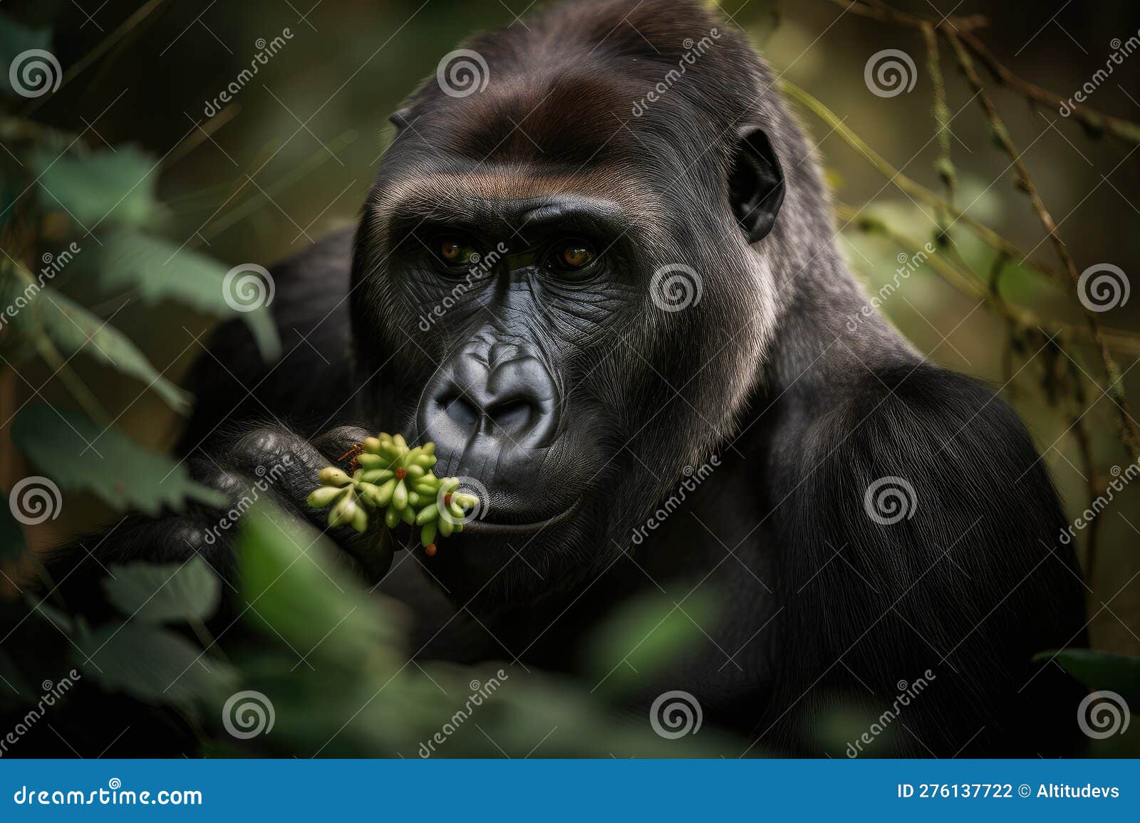Gorilla Picking Berries from Bush in the Forest Stock Illustration