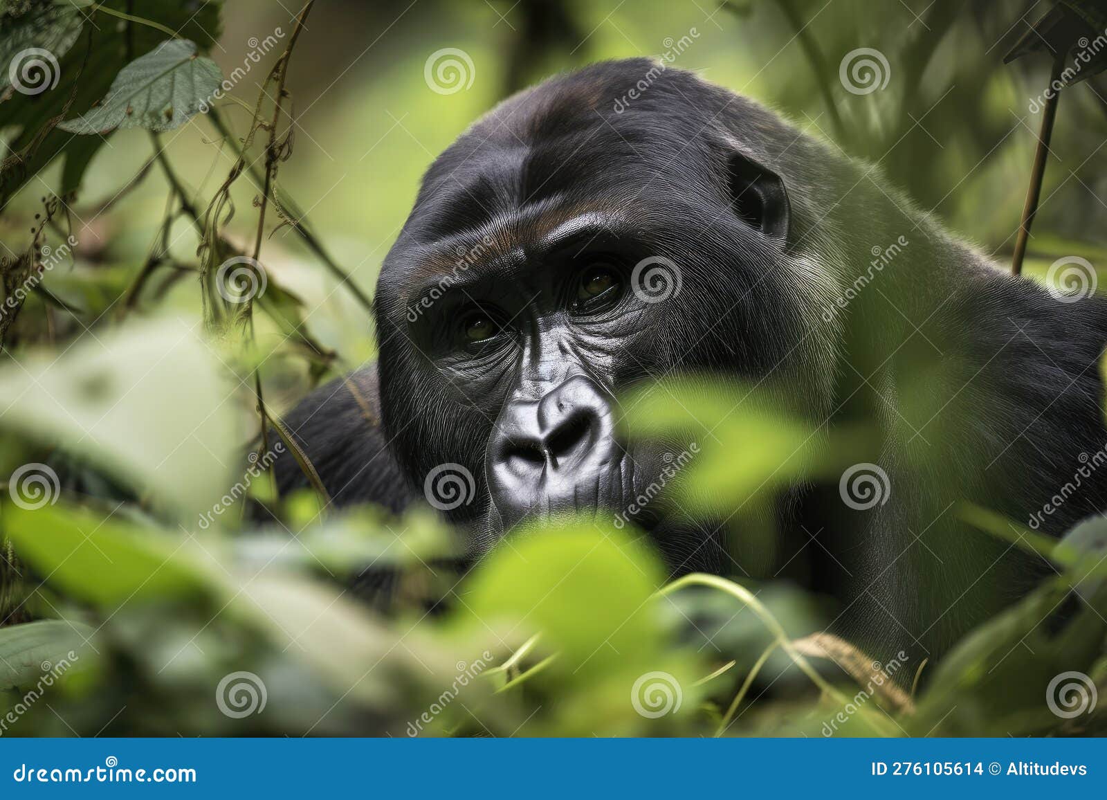 Gorilla Picking Its Way through Dense Undergrowth, in Search of Food