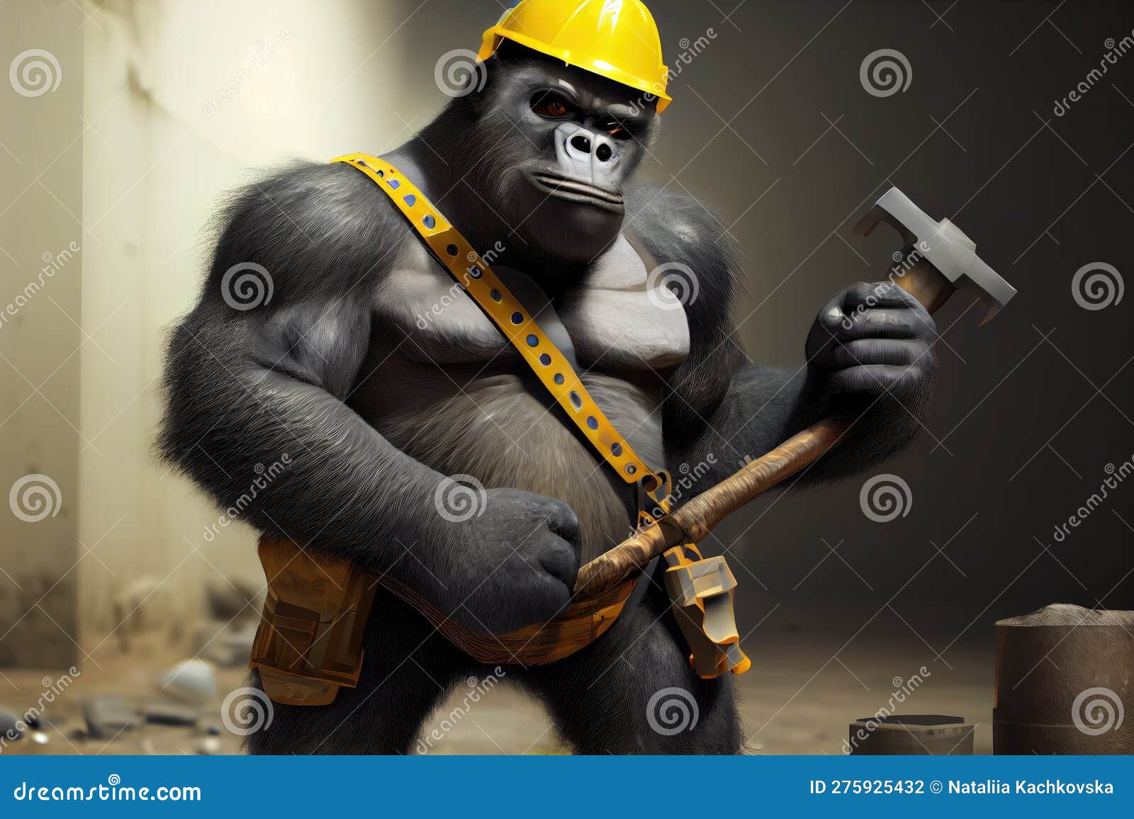 Gorilla Wearing a Construction Workers Hard Hat Stock Illustration