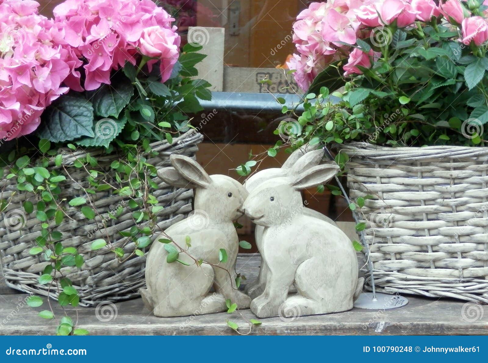 Concrete Rabbits between Baskets Editorial Stock Photo Image of