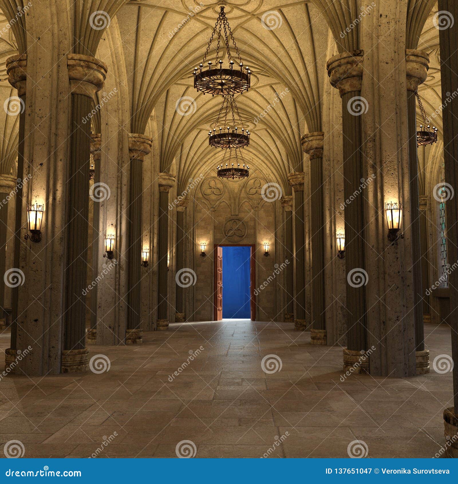 Gothic Arch Gallery Luxury Interior 3D Render Stock Illustration -  Illustration Of Goth, Hallway: 137651047