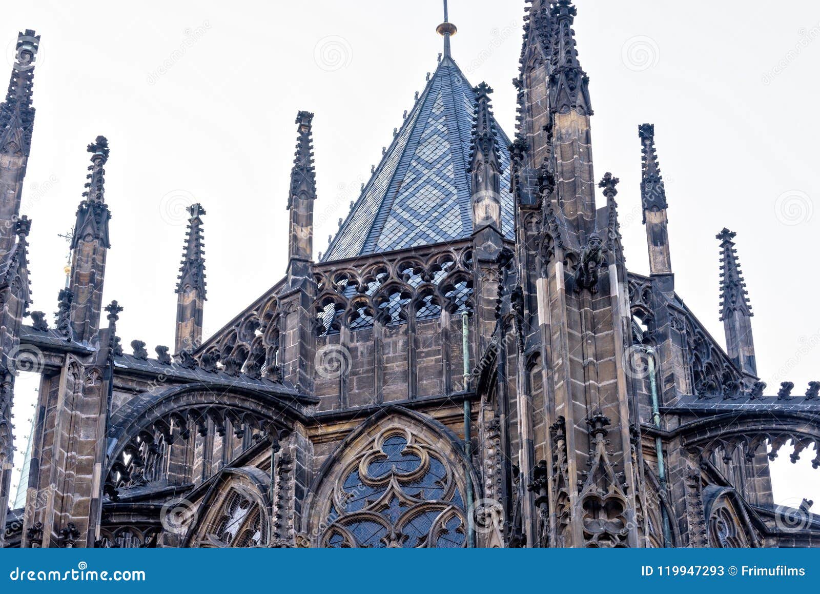 gothic architectured st. vitus cathedral from bottom