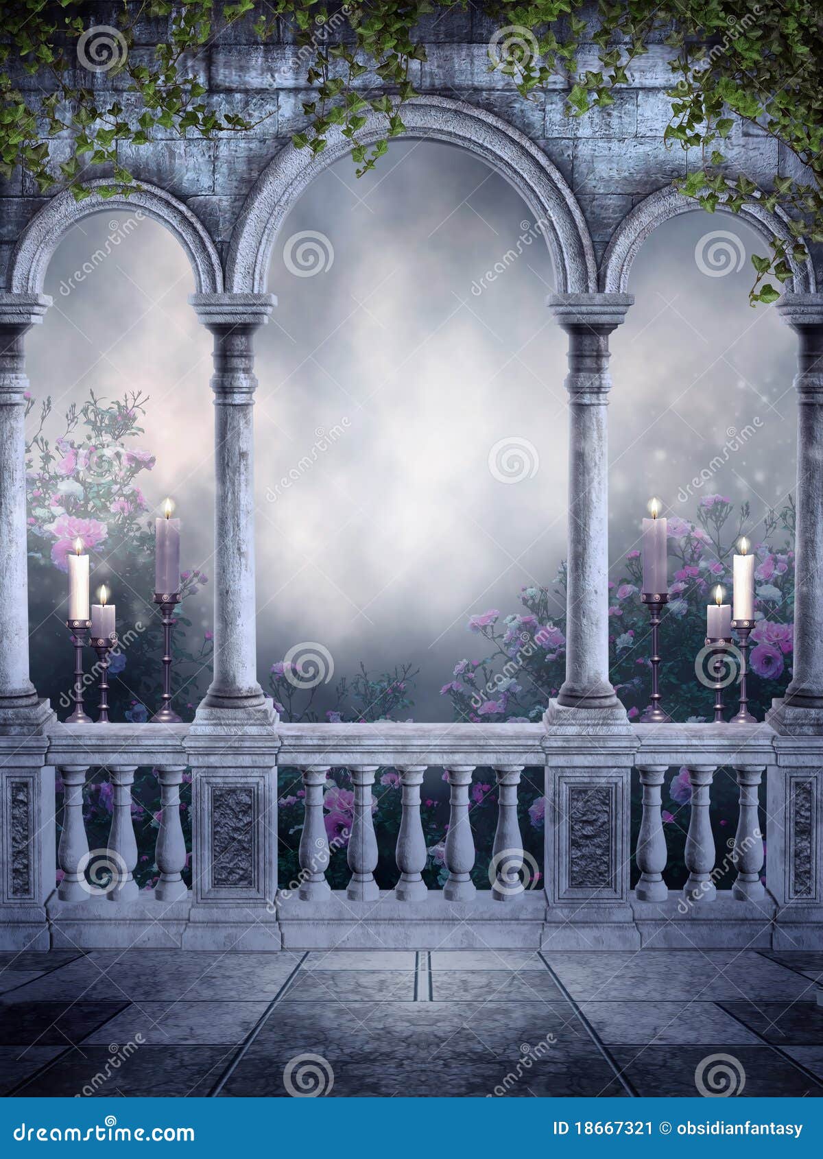 gothic balcony with candles and roses