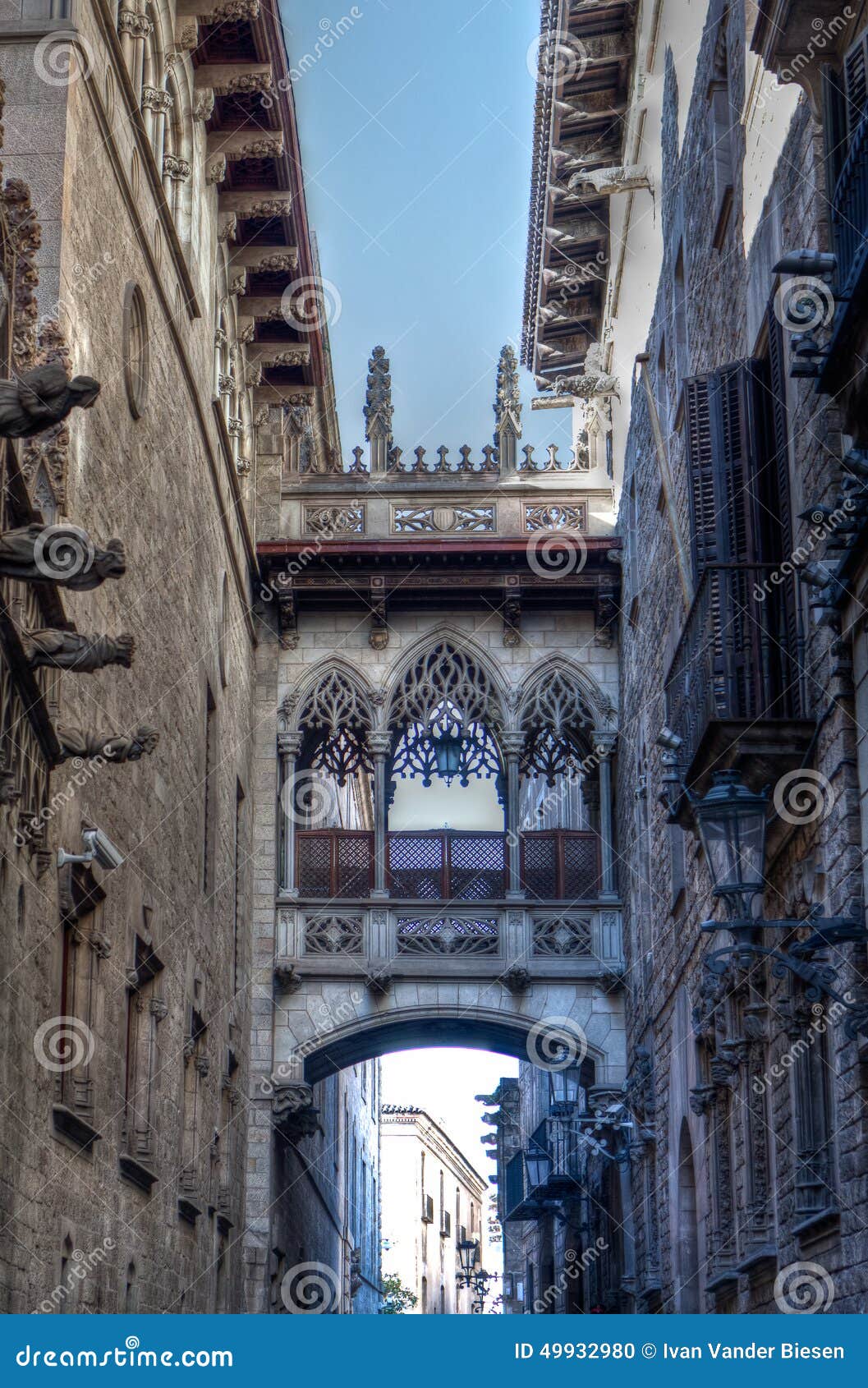 gothic bridge at carrer del bisbe, barcelona, spain