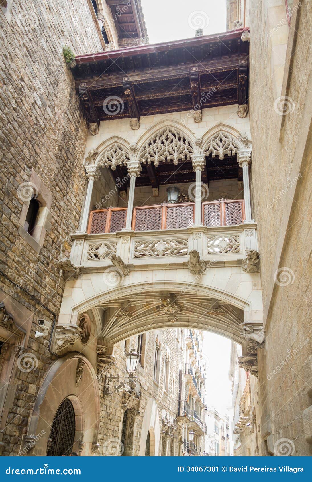 gothic bridge in carrer del bisbe street, in barcelona, spain
