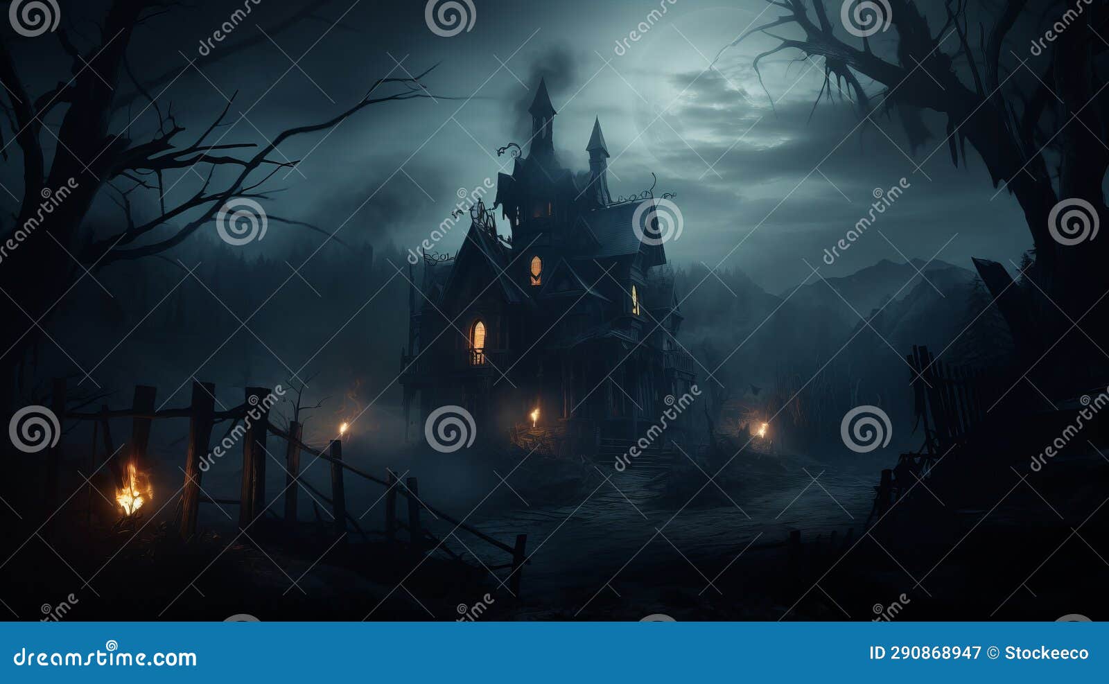 dark night haunted house wallpaper in unreal engine 5 style