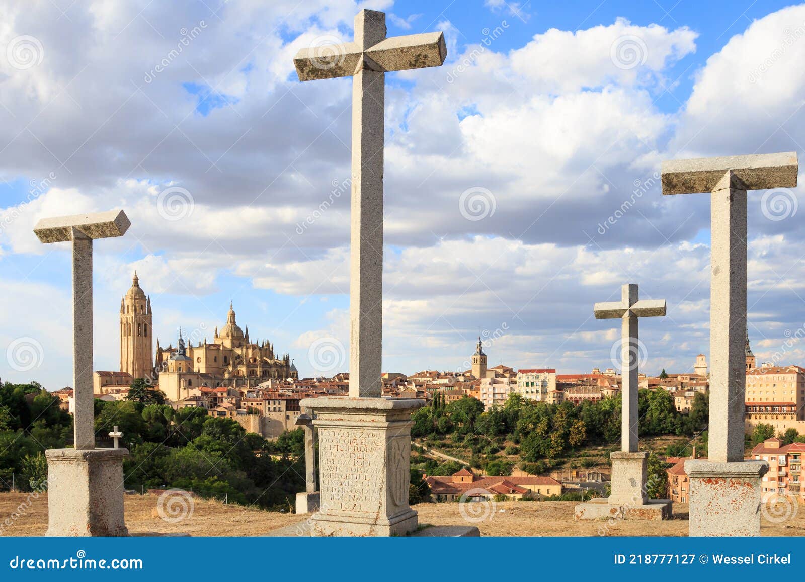 gothic cathedral and mirador de la piedad crosses, segovia, spain