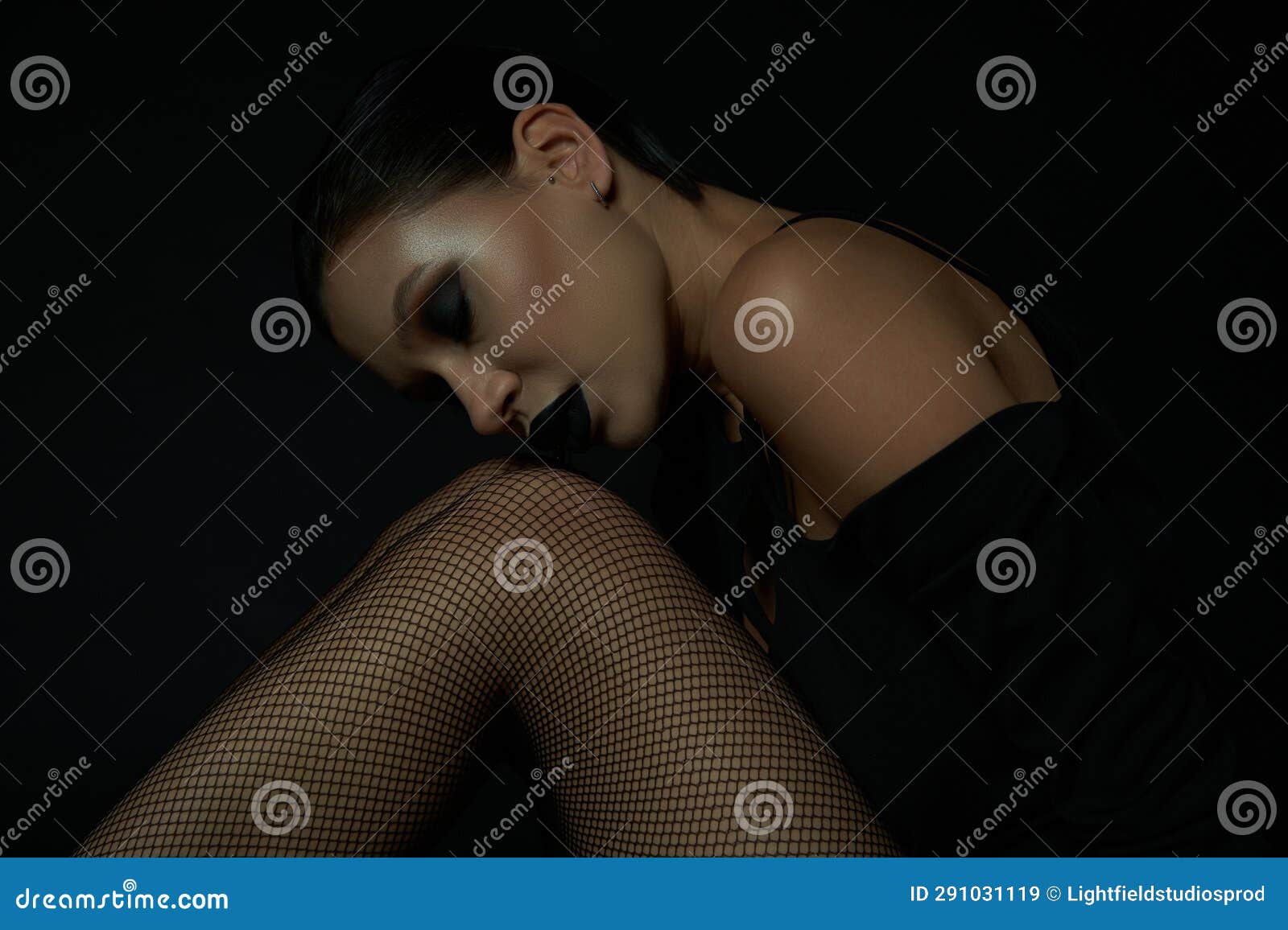 gothic glamour, stylish woman with closed