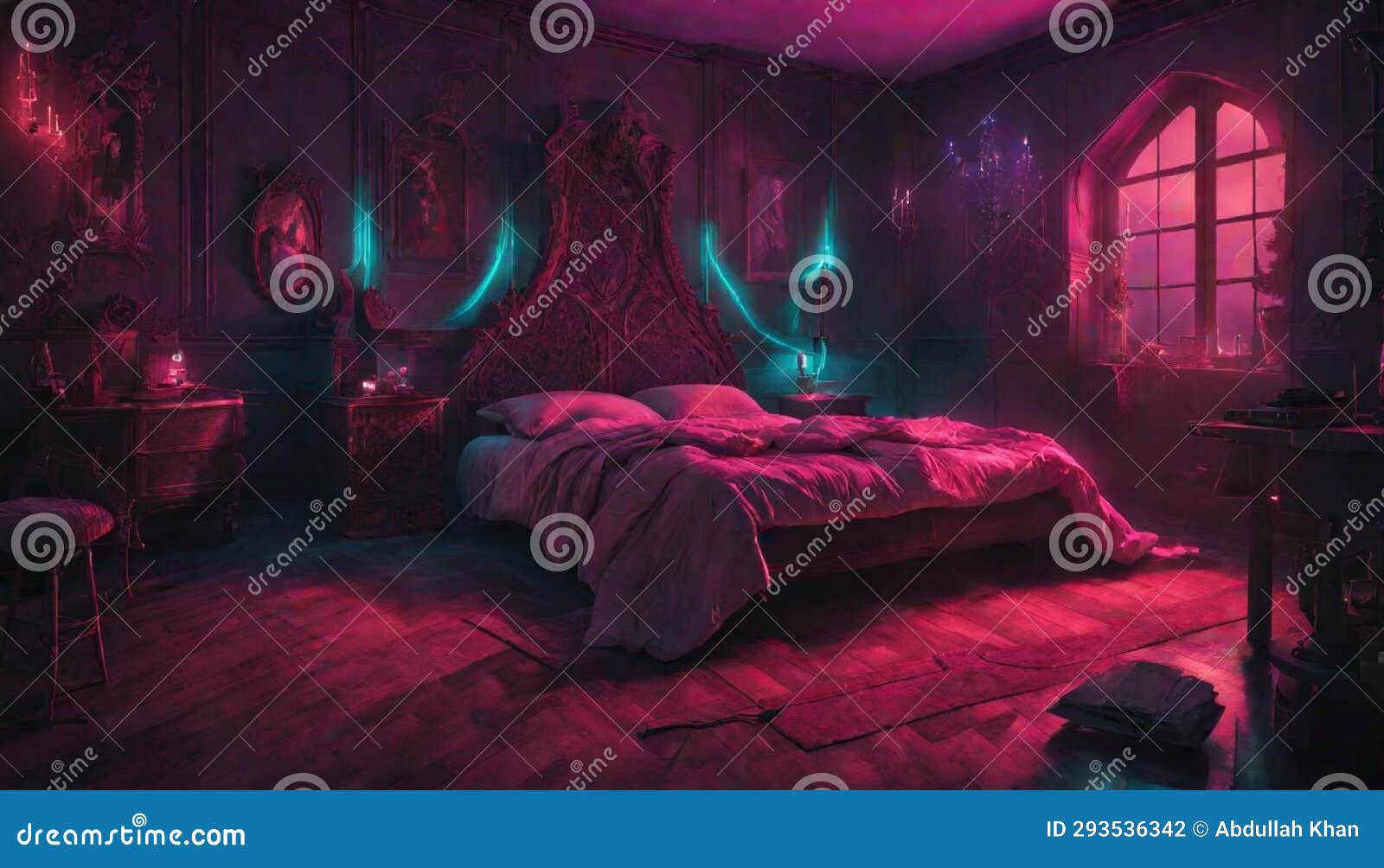 A Gothic-inspired Bedroom with Neon Lights Creating an Eerie and ...