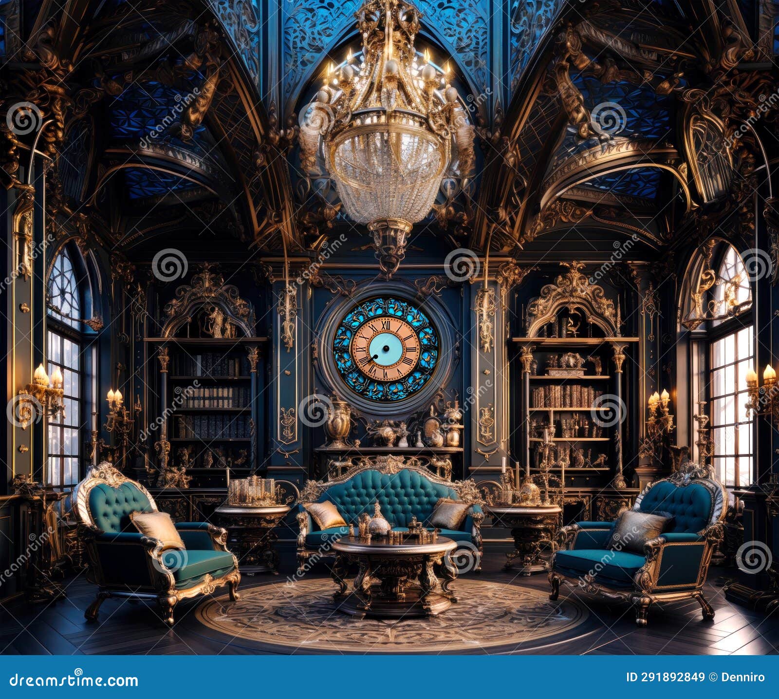 gothic living room or library interior decorated in posh neoclassicism style