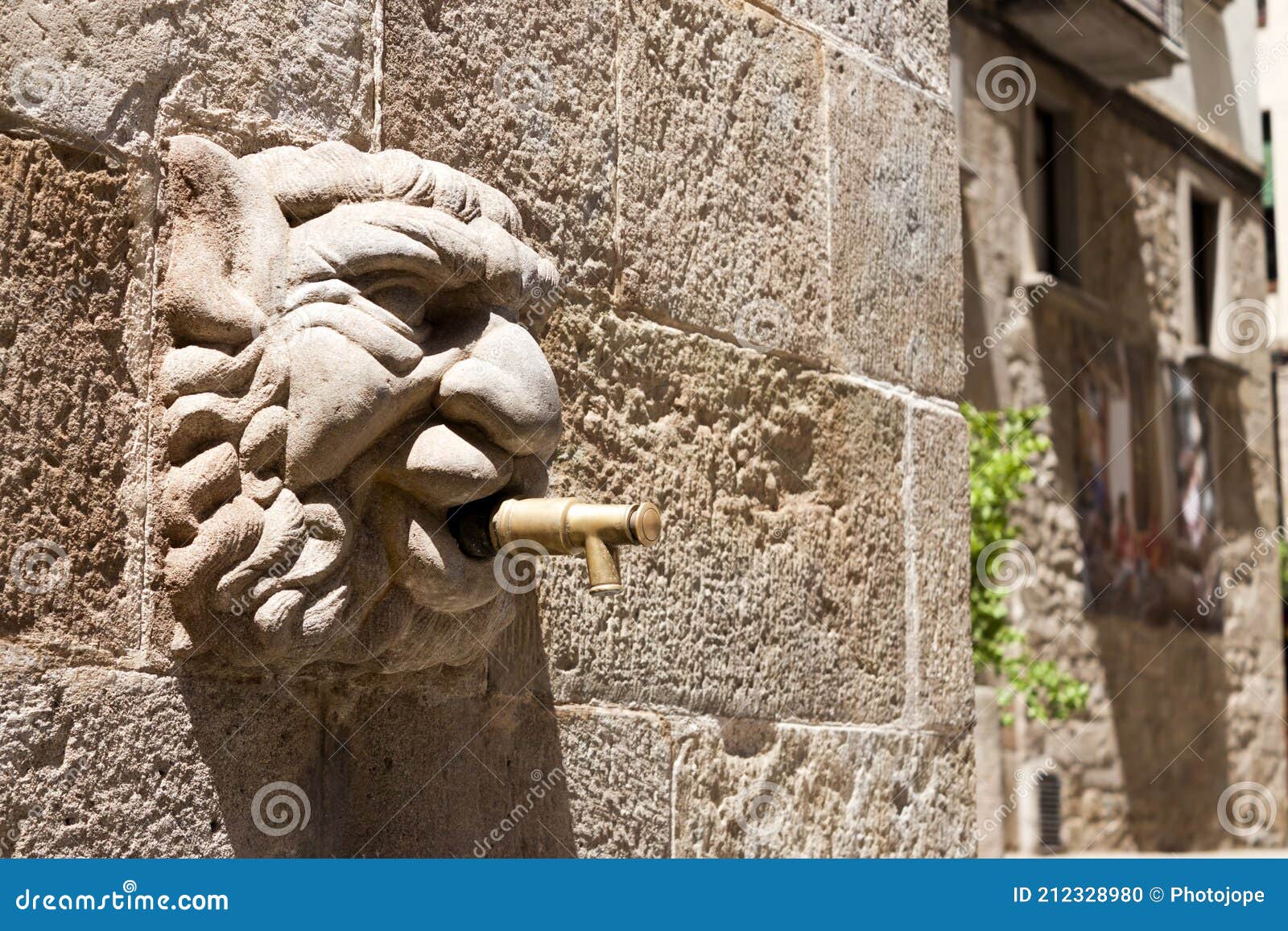 gothic stone head of fontain of the church in solsona, lleida,catalonia, spain