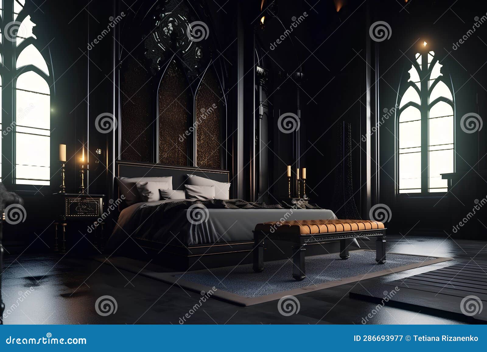 Gothic Style Bedroom Interior with Modern Bed in Luxury House Stock