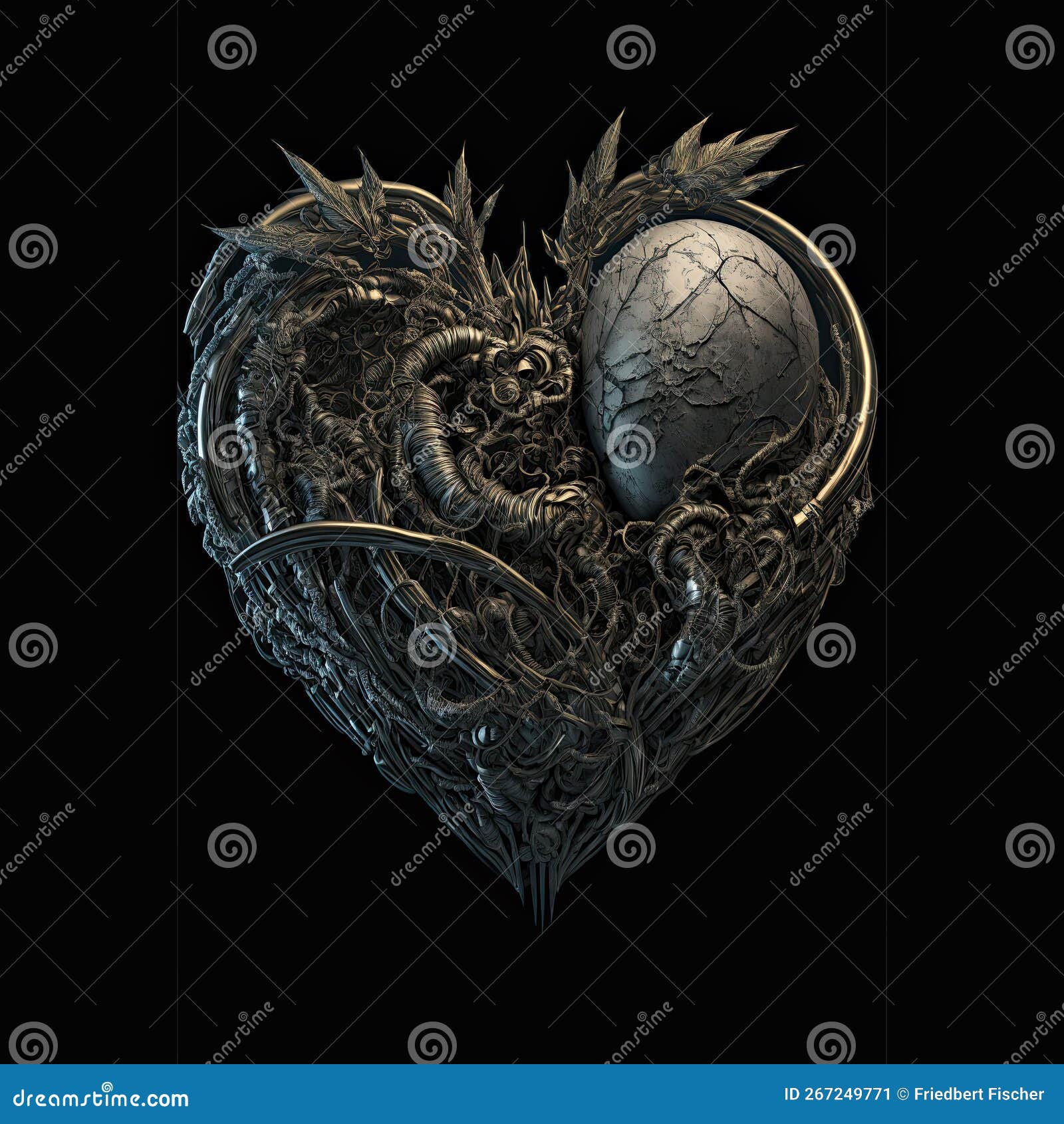 gothic valentine heart  on black background. spooky home decor, metal finish. ai generative, ai generated 