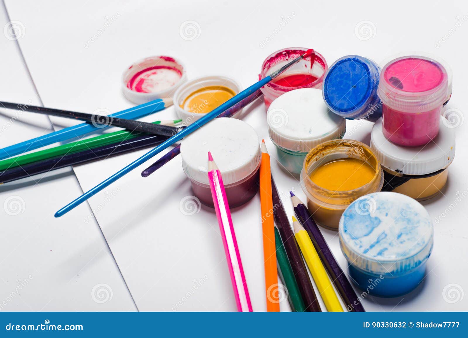 Gouache Paint, Brushes, and Colored Pencils on a Light Background Stock Photo Image of