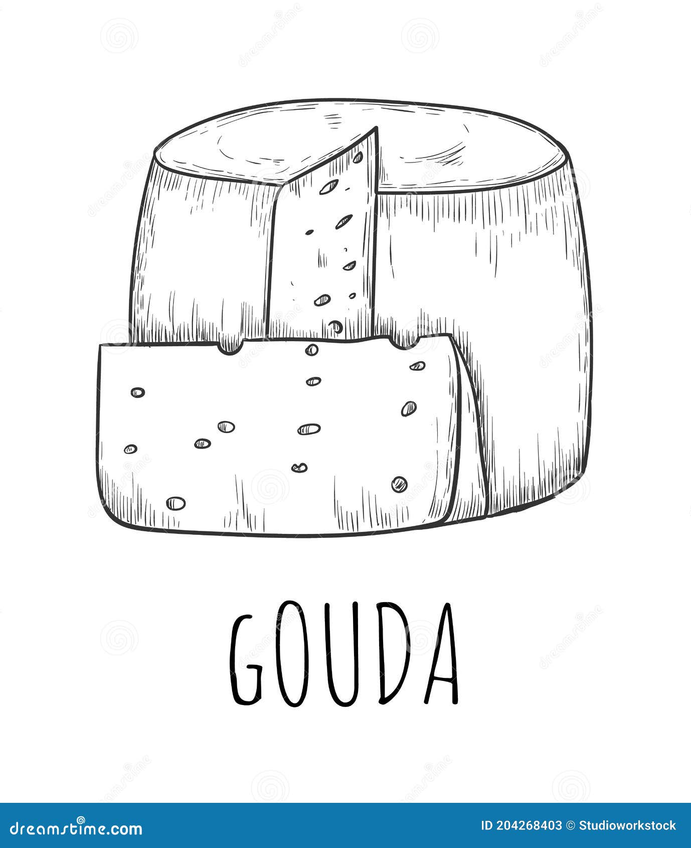Gouda Cheese Dairy Product Sketch Drawing Isolated Stock Vector