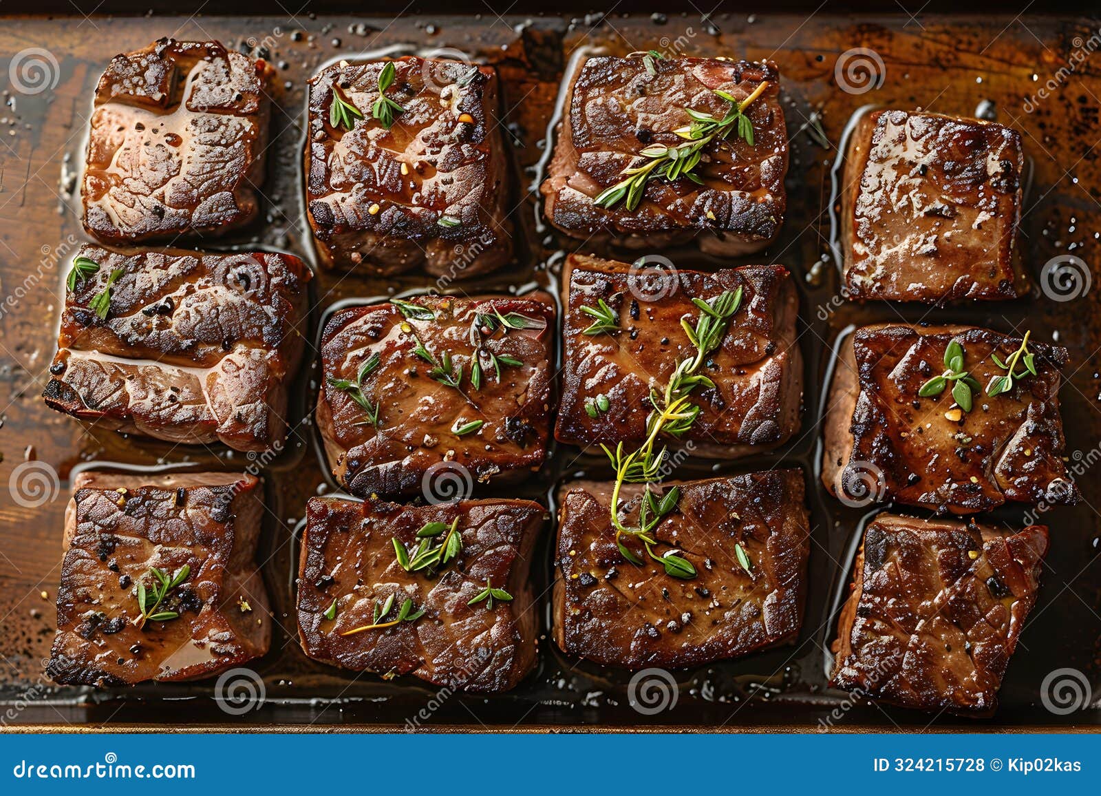grilled gourmet beef filet medallions with fresh herbs on wooden platter - perfect for culinary, food photography, or