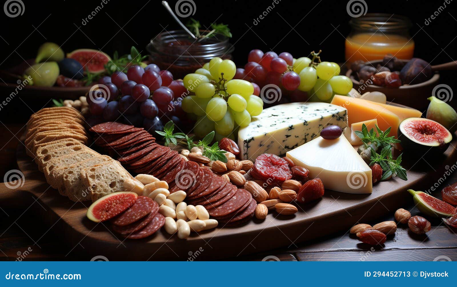 A Gourmet Buffet Fresh Fruit, Bread, Meat, Cheese, and Wine Generated