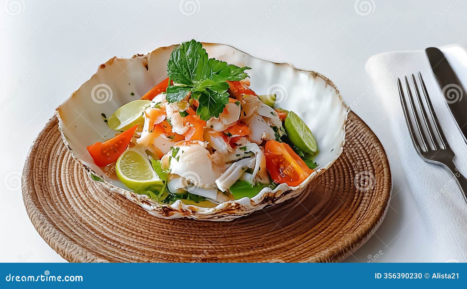 gourmet crab salad with colorful vegetables and fresh herbs served in exotic shell bowl on white background