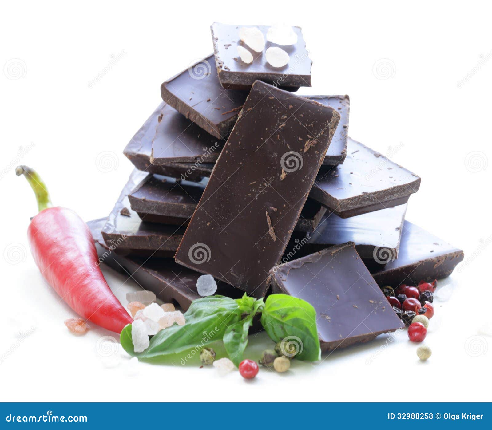 Gourmet dark chocolate with chili pepper, sea salt and basil