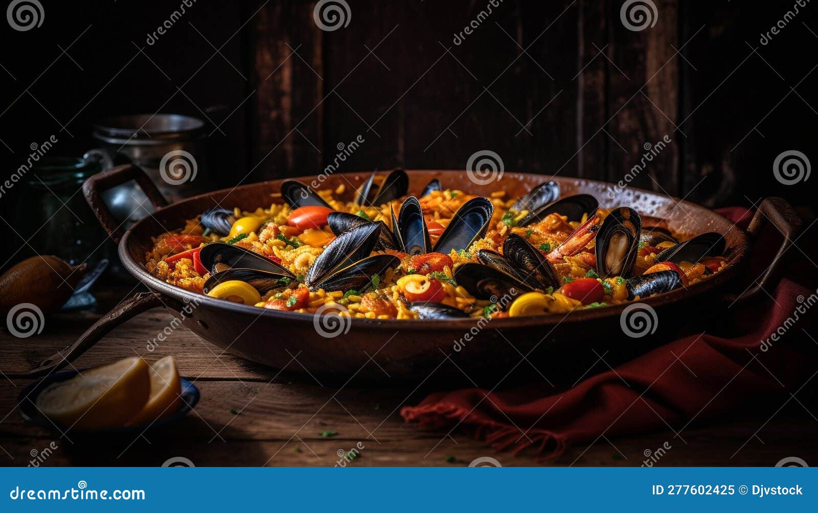 A Gourmet Seafood Paella Cooked with Fresh Mussels and Crustaceans