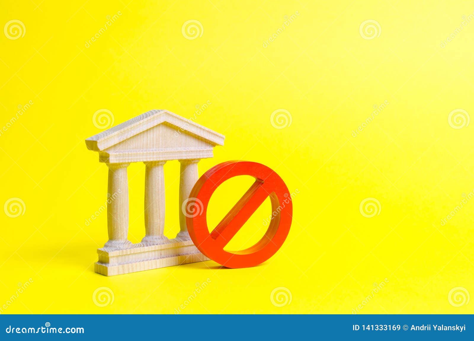 government building or bank and  no on an yellow background. the concept of prohibiting and restrictive laws. bans