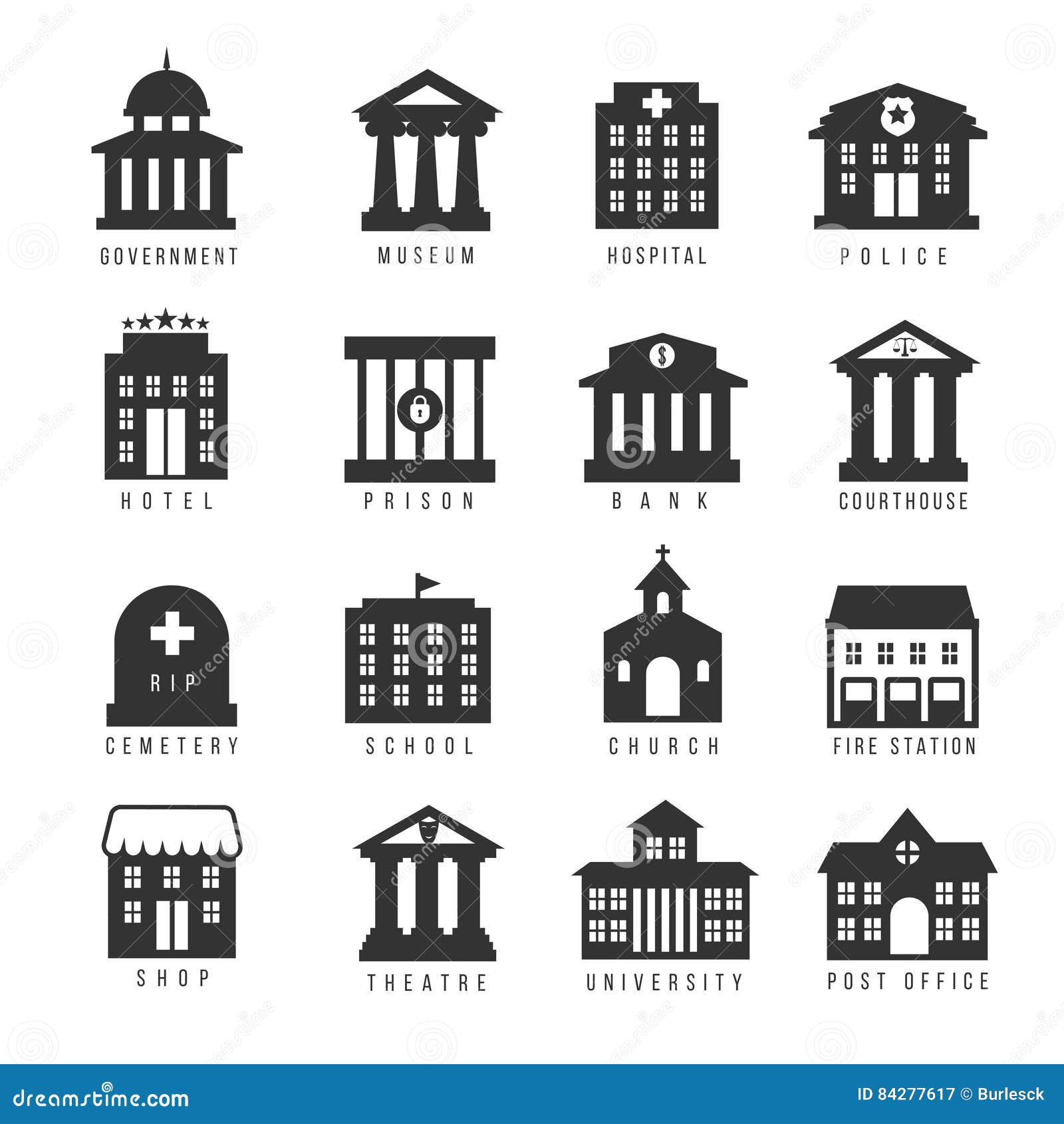 government building icon set.  buildings like university, police office and city hall, hospital museum