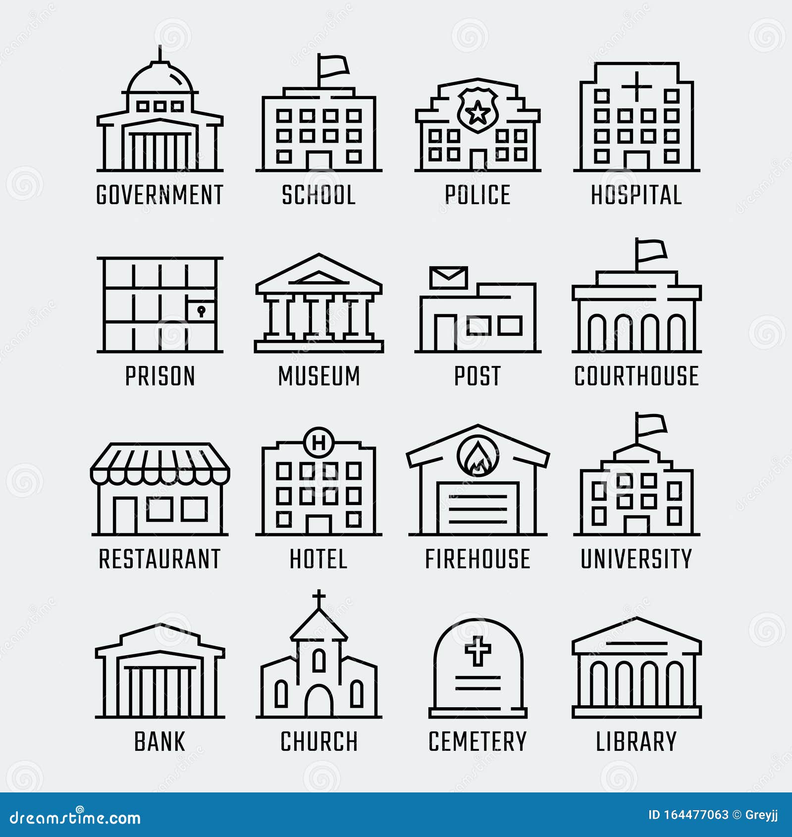government buildings icons in thin line style