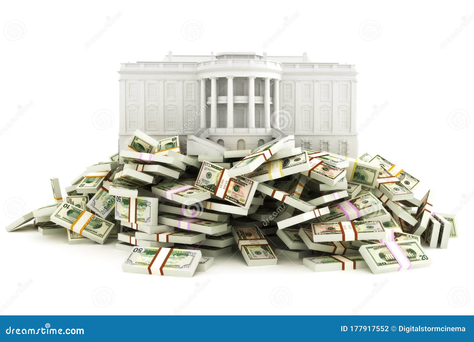 government relief concept. white house sitting on top of a huge pile of money to be distributed to the population