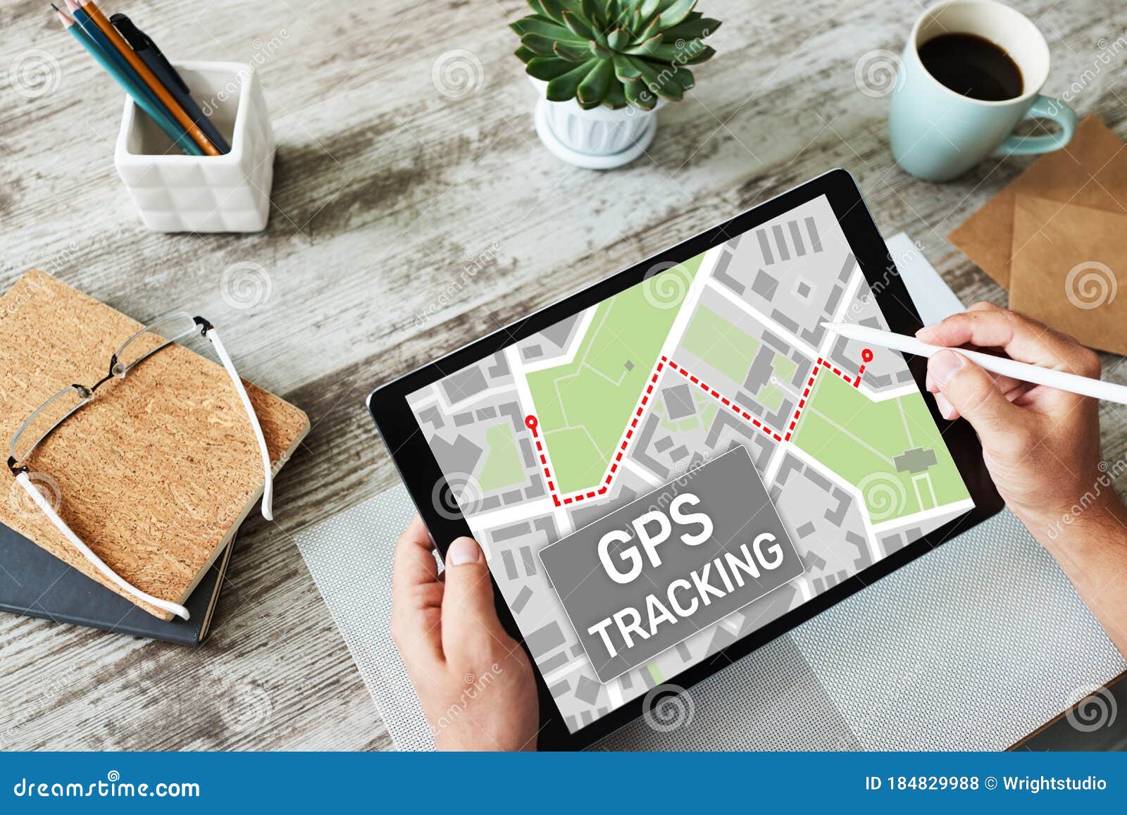 gps global positioning system tracking map on device screen.