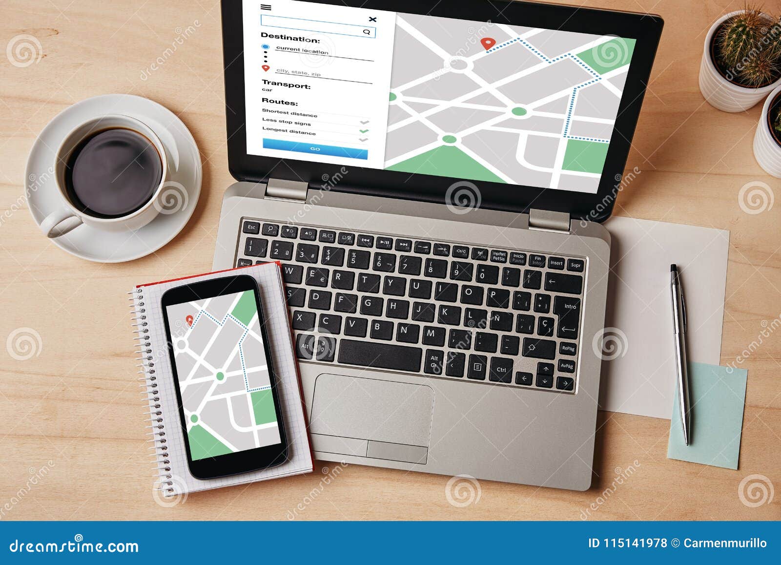 gps map navigation app on laptop and smartphone screen. location