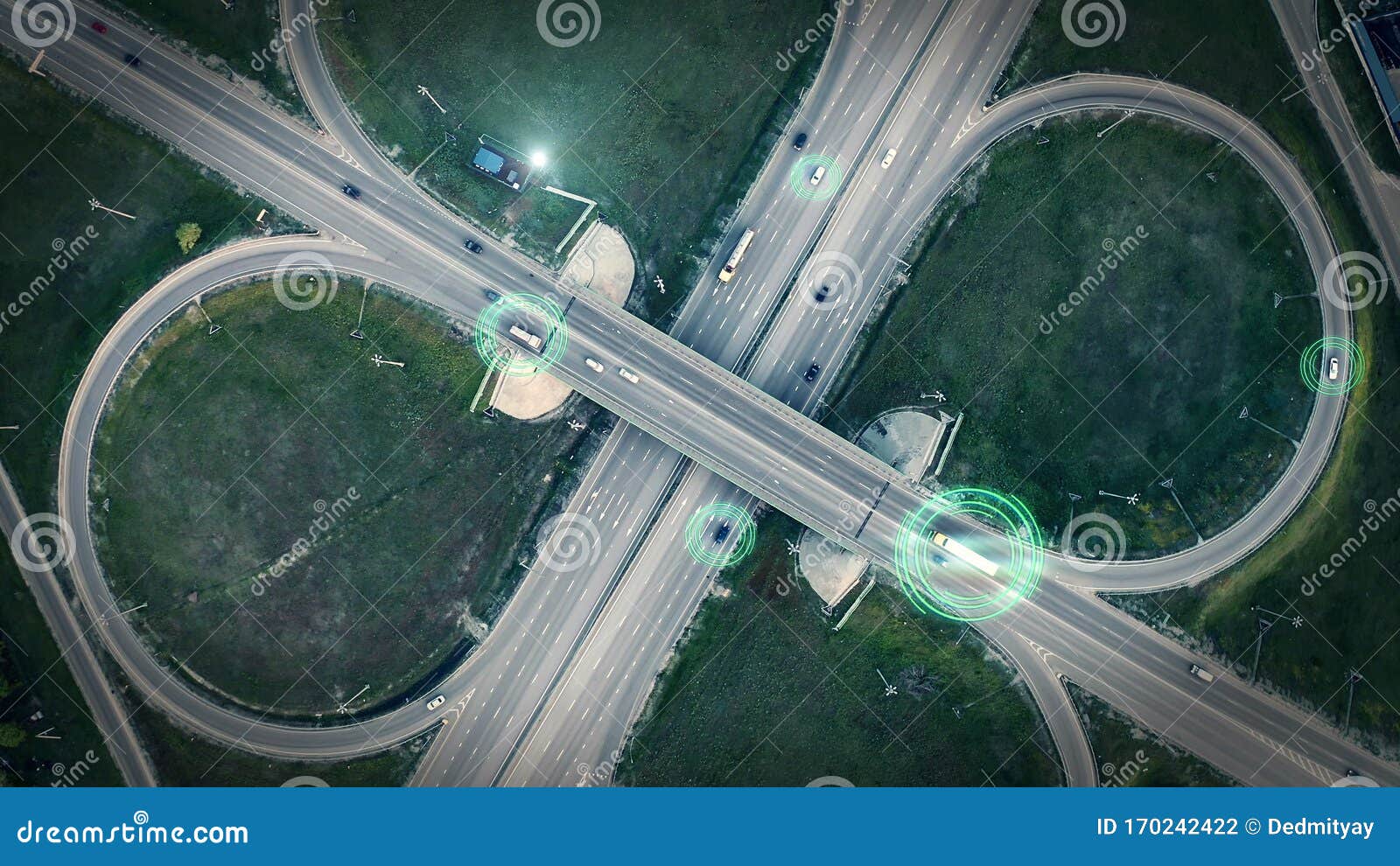 gps navigation and autonomous driverless transportation concept. aerial view of transport junction with cars and trucks