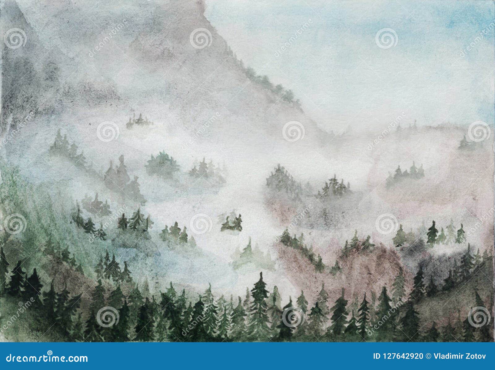 Grune Berge Mit Baumen Des Waldes Im Nebel Adobe Photoshop Fur Korrekturen Copyspace Postkarte Stock Abbildung Illustration Von Auszug Anstrich 127642920