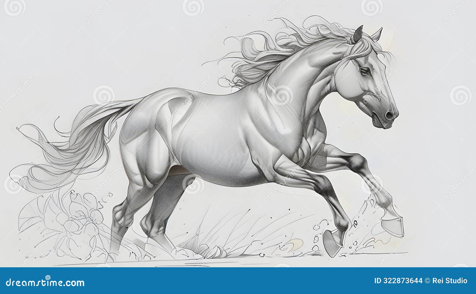 grace and power in motion: a realistic drawing of a running horse