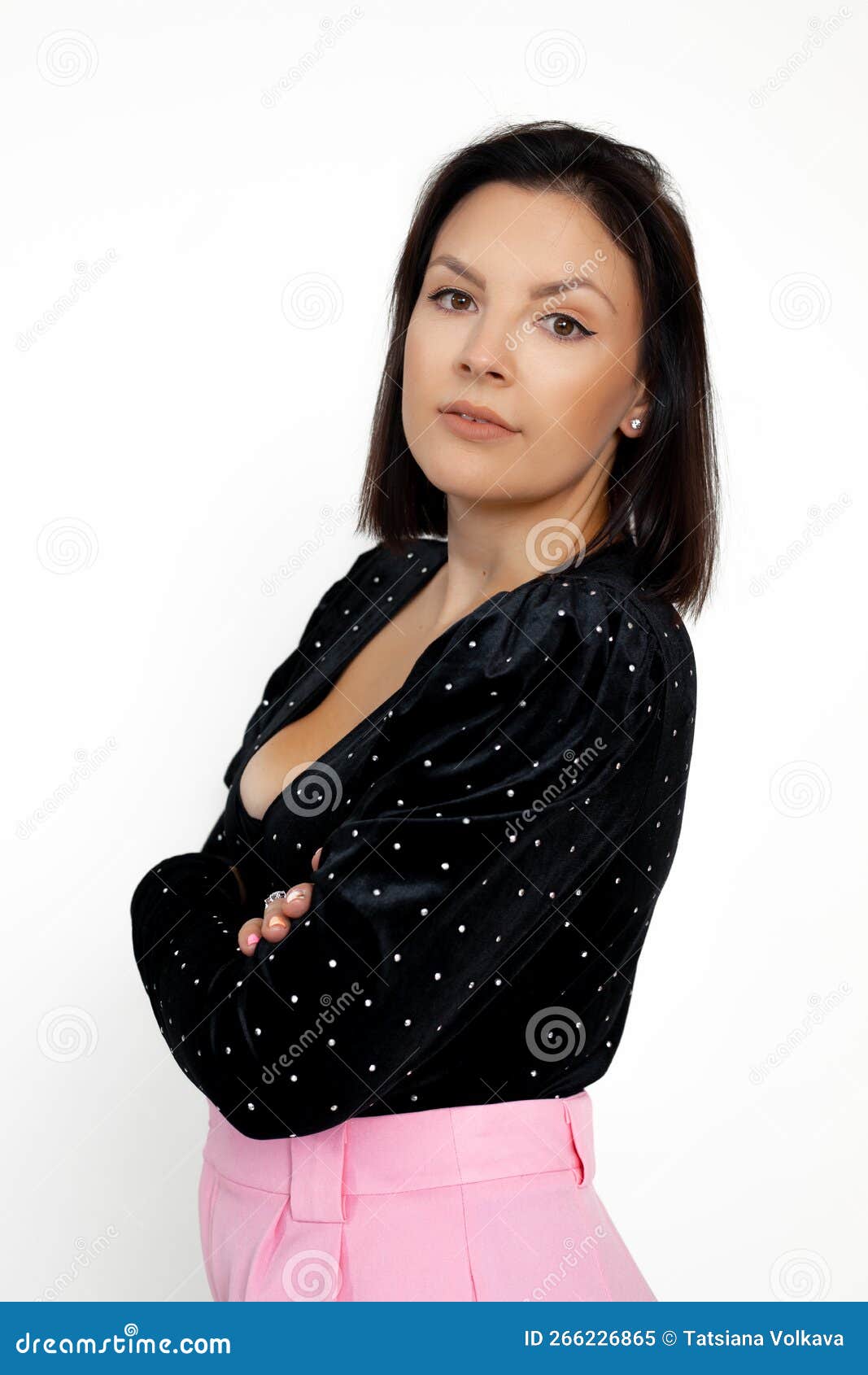 Graceful Adult Brunette Woman in Pink Trousers and Elegant Black ...