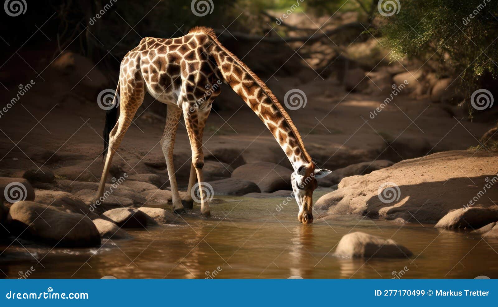 A Graceful Giraffe Bending Down To Drink from a River Created with