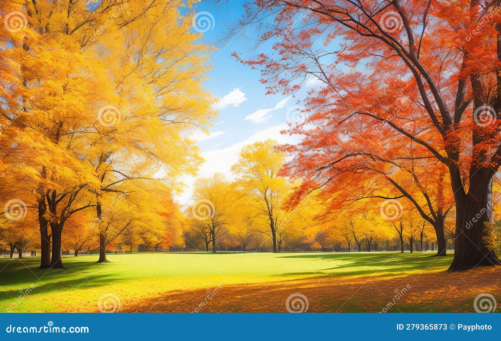 graceful trees, golden leaves, and petals in a serene pathway.