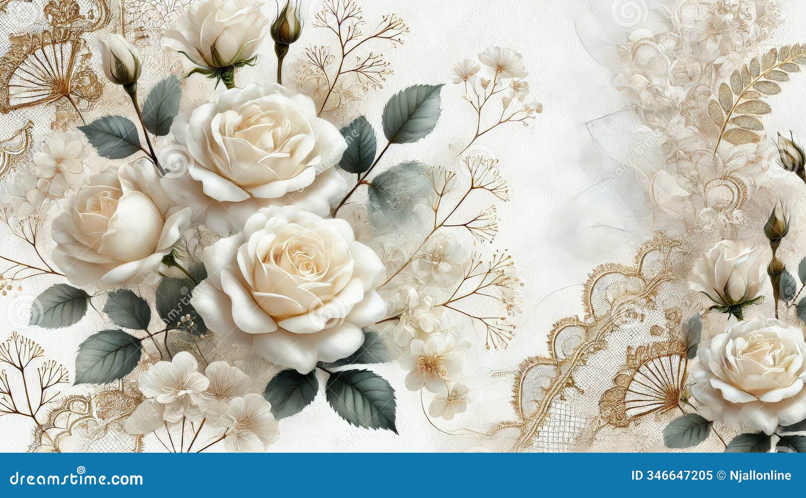 graceful white roses with intricate golden motif