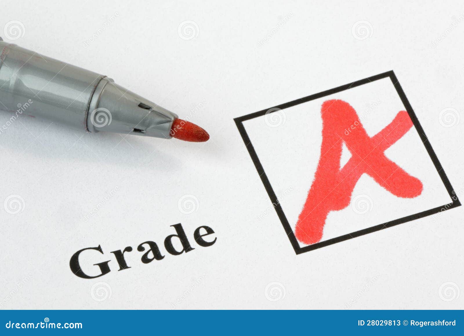 Grade A written on an exam paper, with pen. 36 mp image