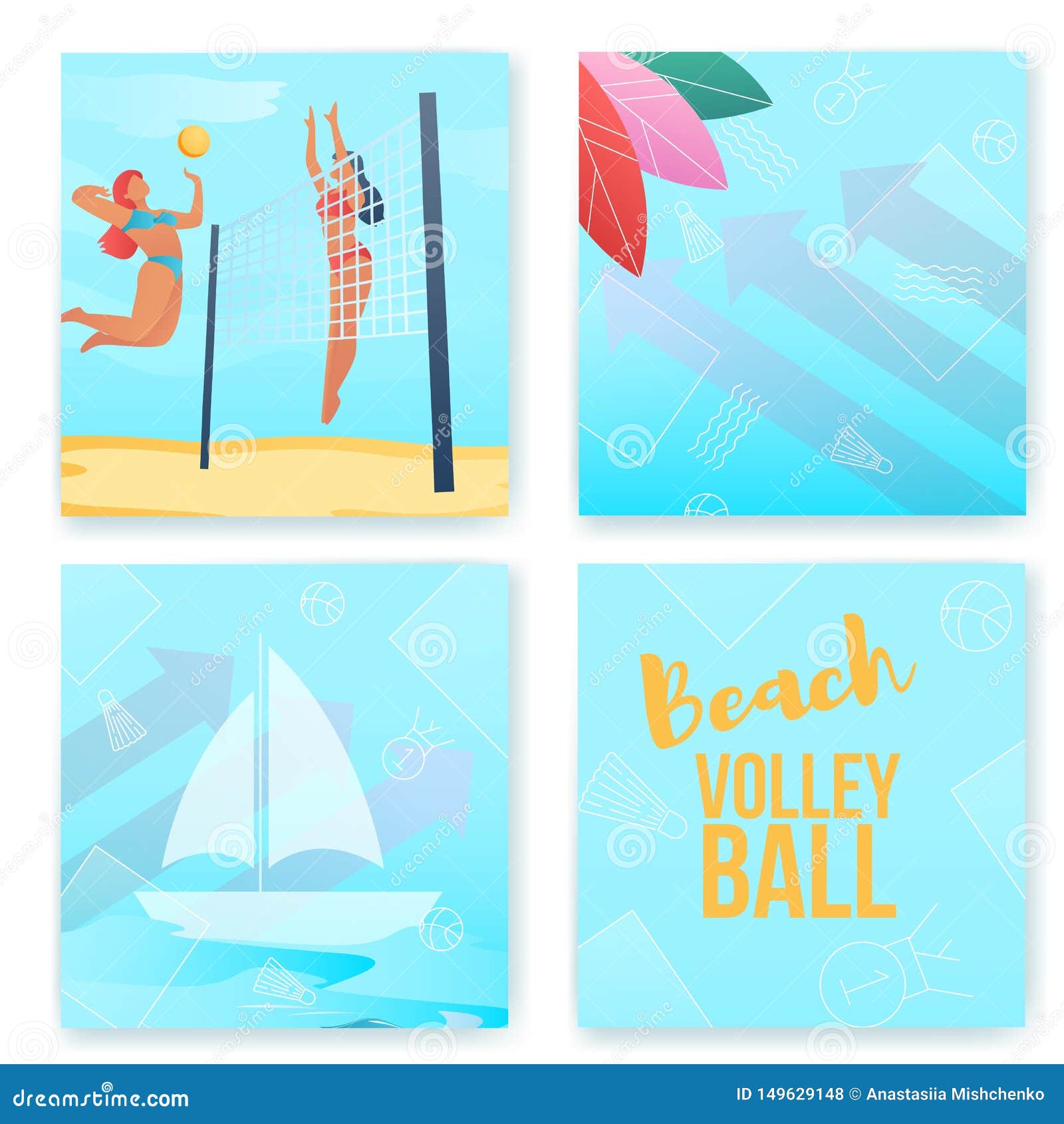 Gradient Cartoon Flat Characters Summer Sport Activity,beach Volleyball Banner Flyer Poster,web Online Concept,healthy Lifestyle Stock Illustration 