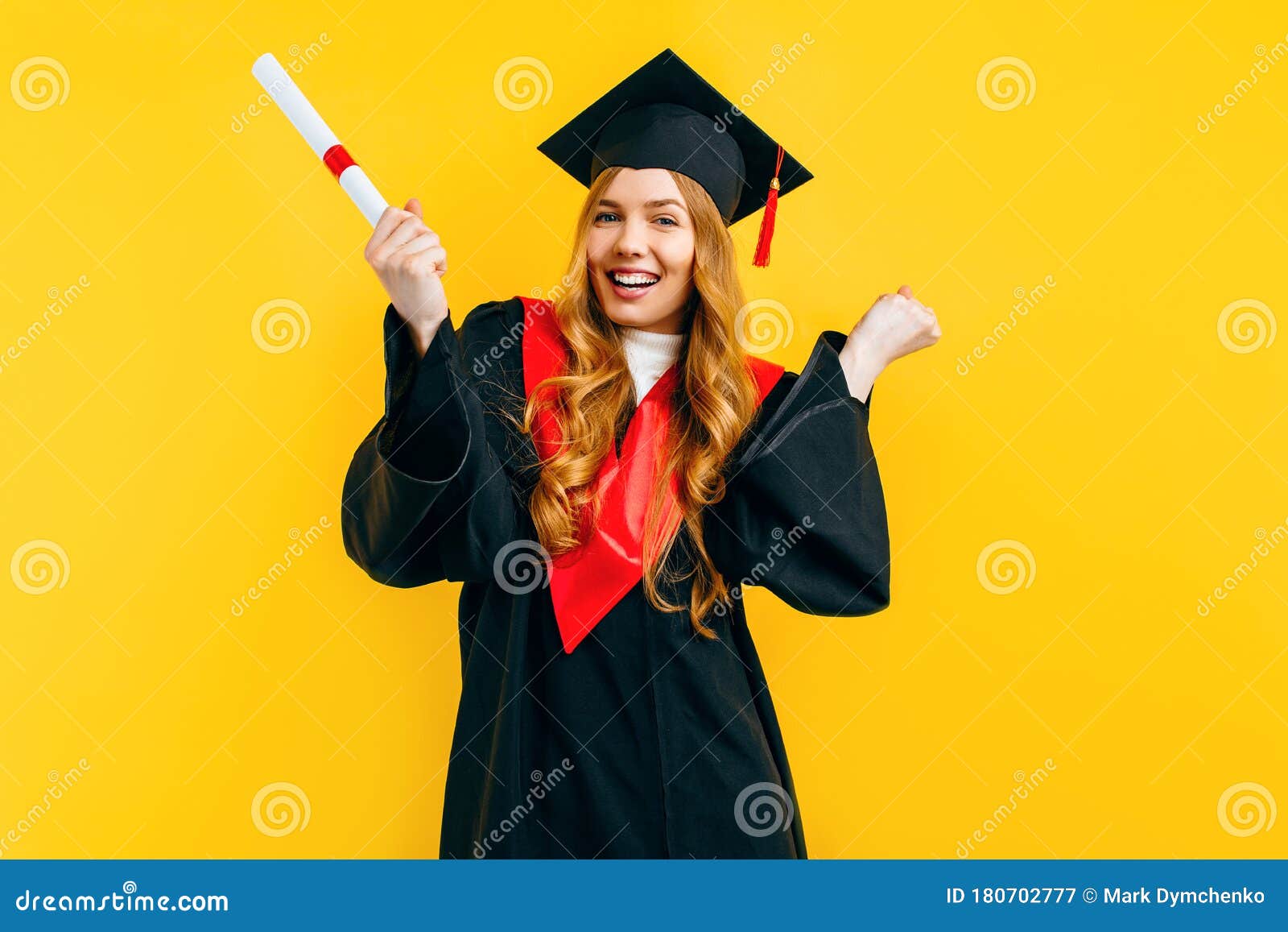 Graduate Girl with a Diploma, Shows a Gesture of Victory and Success ...