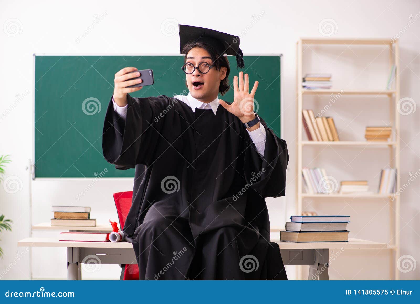 The Graduate Student in Front of Green Board Stock Image - Image of ...