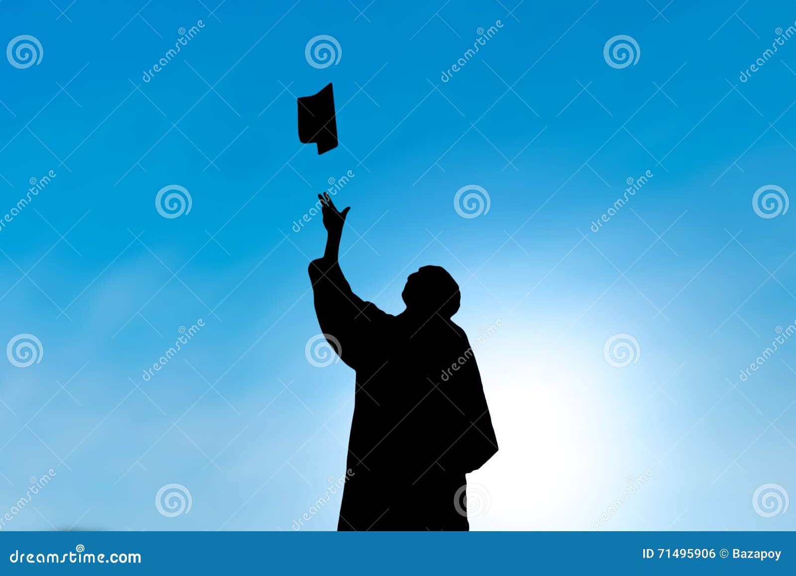 Graduates Throwing Cap. Silhouette High Achievements. School Student