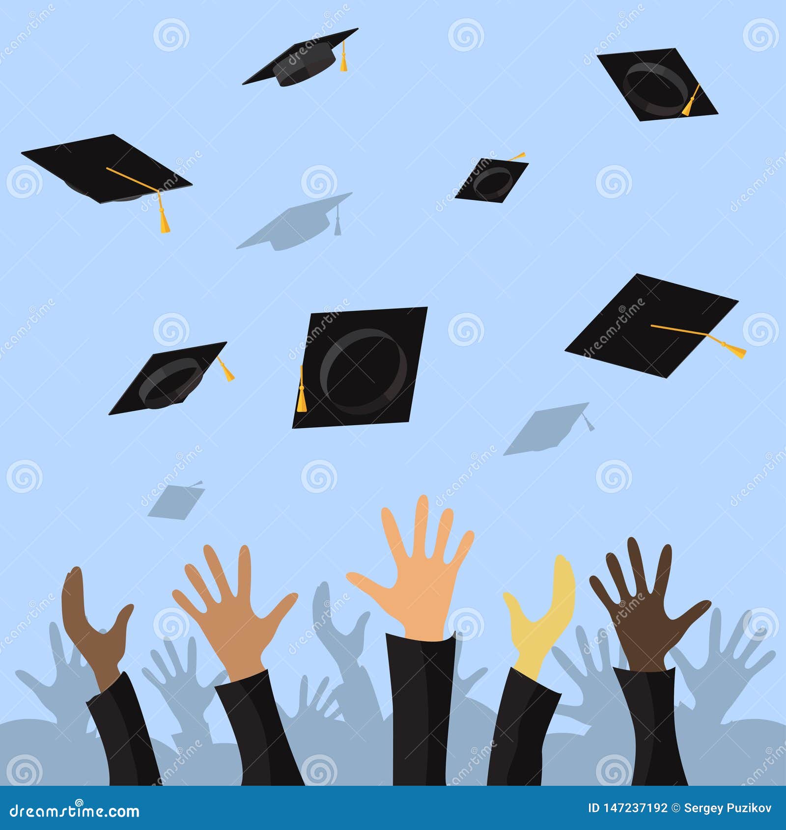 Graduating Students Of Pupil Hands Throwing Graduation Caps In The Air