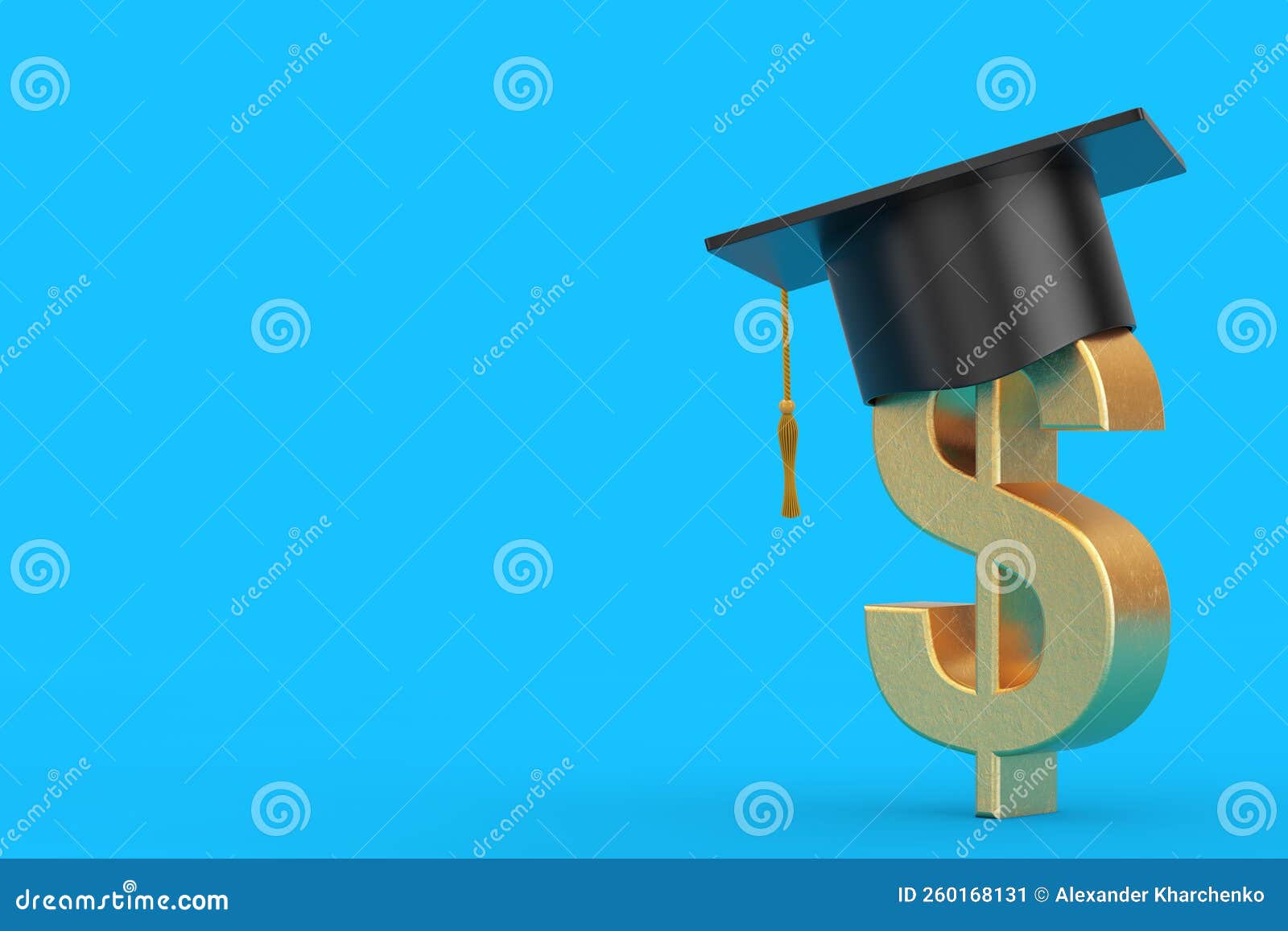 Graduation Academic Cap Over Golden Dollar Sign. 3d Rendering Stock
