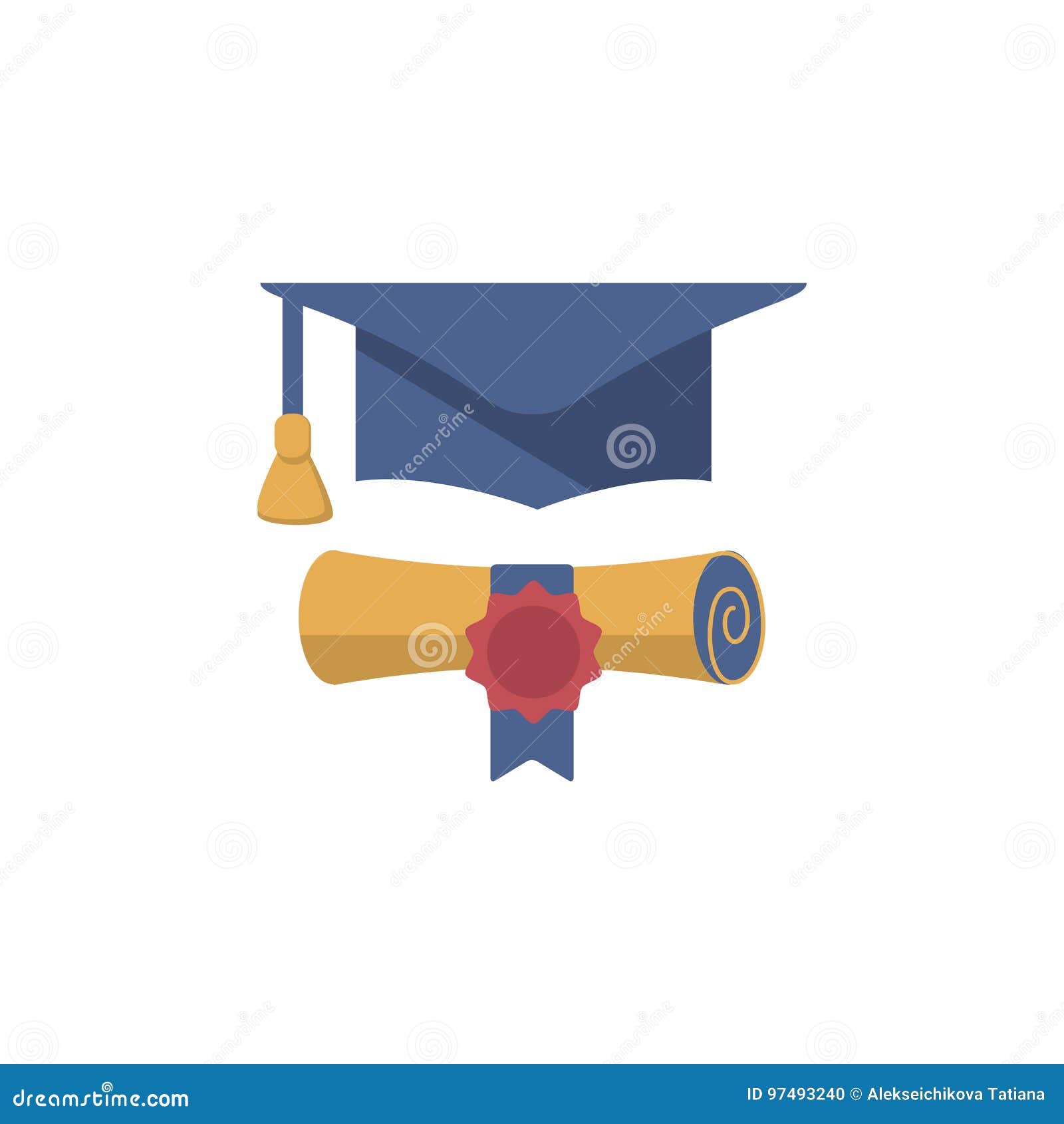 graduation cap and diploma rolled scroll flat  icon.