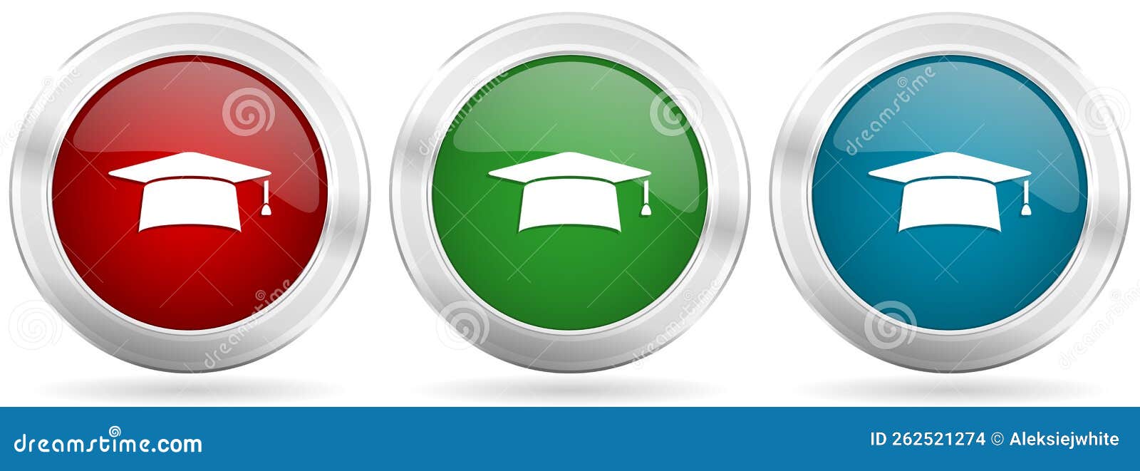 graduation, cap, education  icon set. red, blue and green silver metallic web buttons with chrome border